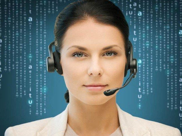 Woman on phone headset with letters floating in background
