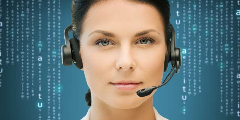 Woman on phone headset with letters floating in background