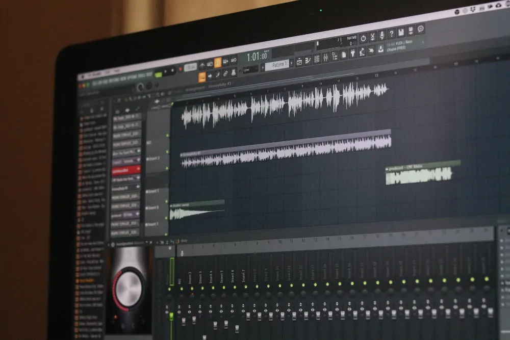 A sophisticated recording and sound editing program is displayed upon a monitor