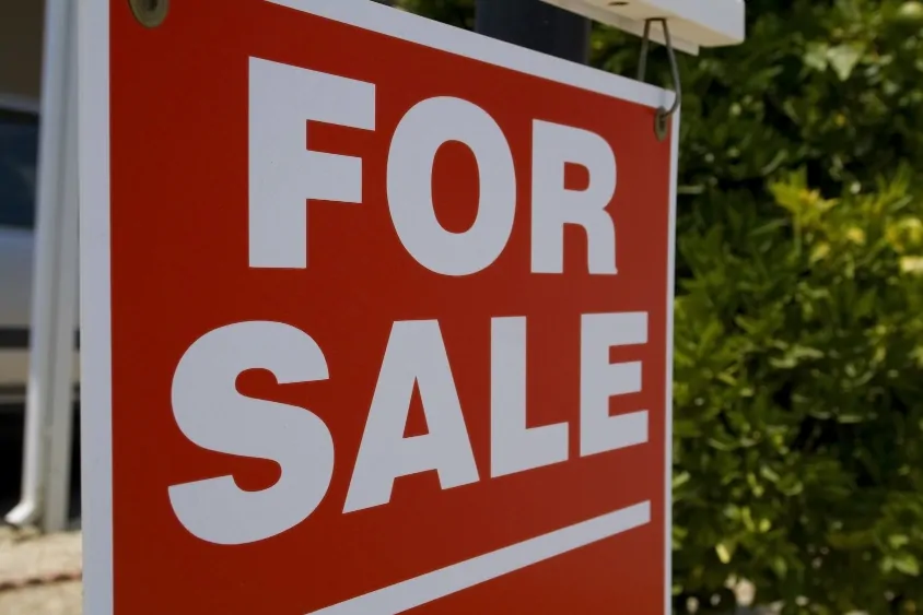 for sale sign in close up with bush in background