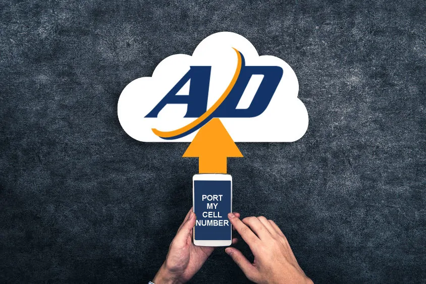 man holding phone with "port my cell number" on screen, with arrow going from phone to AccessDirect logo inside white cloud