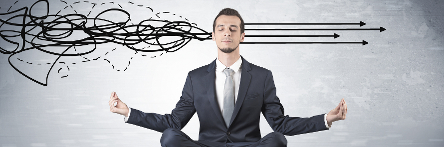 man sitting in yoga position with illustration of cluttered lines straightening out as they pass through his head