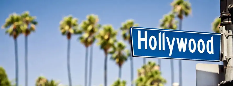 Street sign with Hollywood written on it with palm trees in the background